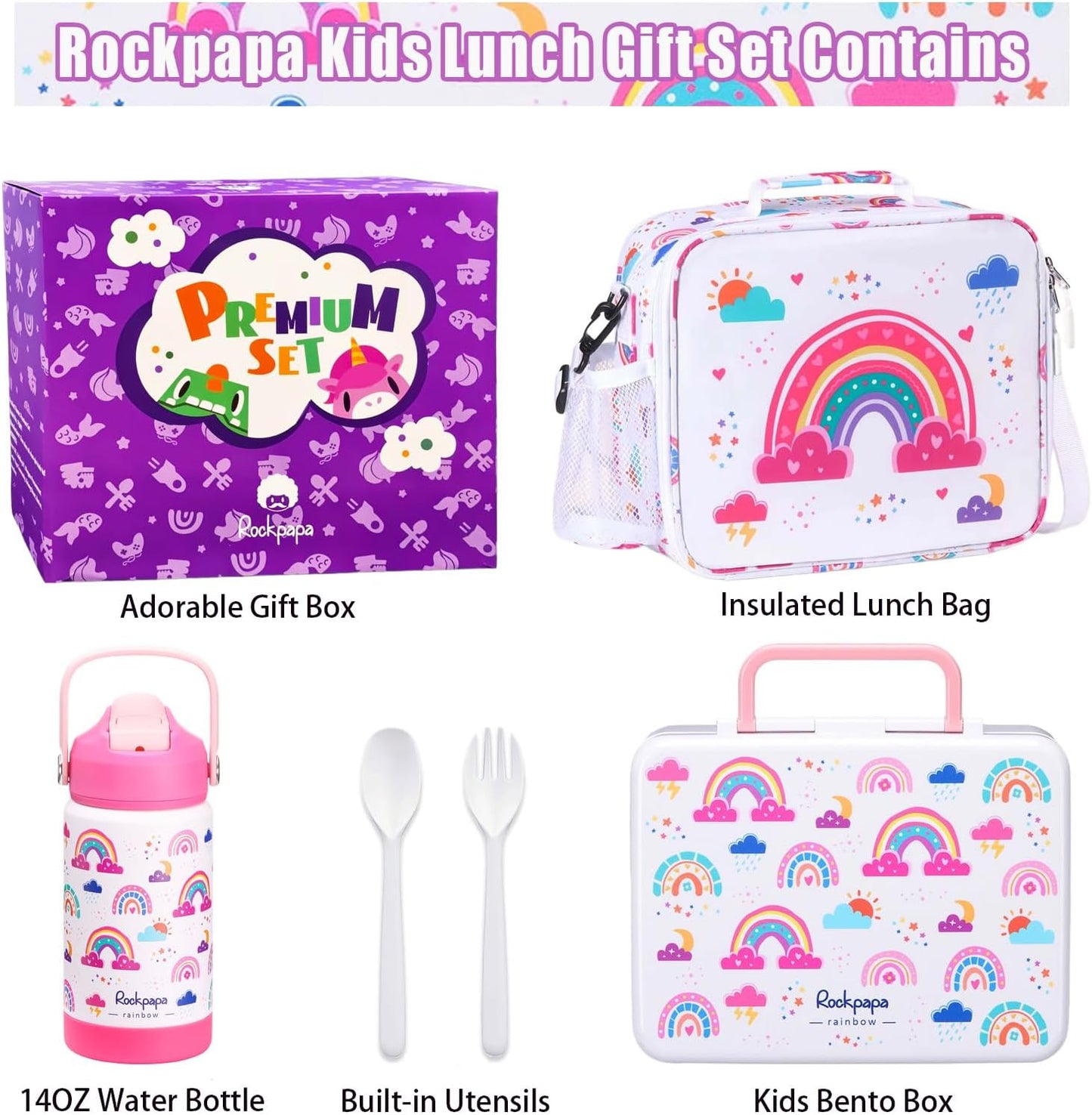rockpapa Kids Lunch Box Set with 14oz Insulated Water Bottle & Lunch Bag, Leakproof 5.5 Cups Bento Box for School & Children, BPA-Free, Microwave Safe for Boys Girls (Grey Constr Turcks)