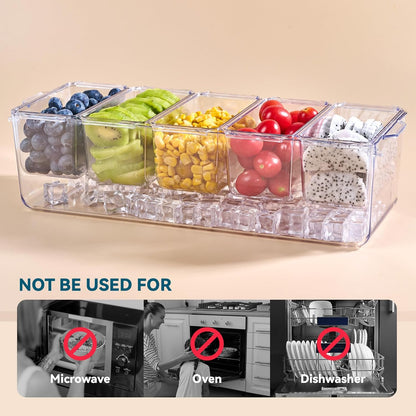 Chilled Condiment Tray Server with 5 Small Containers and Removable Compartments, Ice Chilled Condiment Organizer, Clear Garnish Serving Platter for Fruit, Salad, Food, Outdoor Events, Picnics