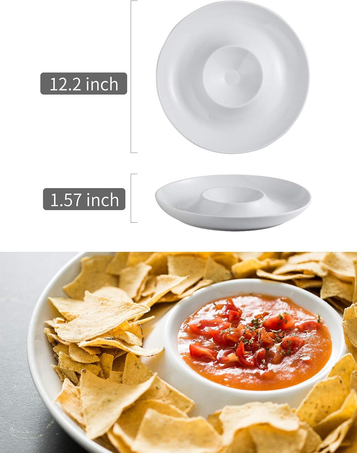 LAUCHUH Veggie Tray Set of 2, Porcelain Chip & Dip Serving Set Divided Serving Platter White Serving Tray for Father's Day Party, Fruits, Veggies, Candy, Snack, Dessert, 12 inch