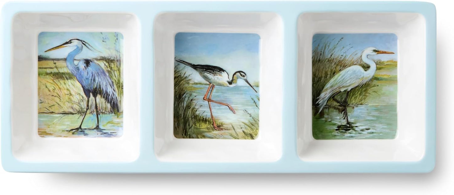Coastal Birds Melamine 3-Pc. HOSTESS SERVING SET – Chip & Dip, 3-Section Relish Tray, Rectangular Platter – Shatterproof BPA-Free Outdoor Serving for Beach House Entertaining, Appetizers & Seafood