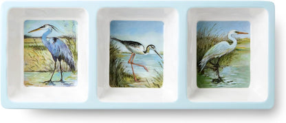 Coastal Birds Melamine 3-Pc. HOSTESS SERVING SET – Chip & Dip, 3-Section Relish Tray, Rectangular Platter – Shatterproof BPA-Free Outdoor Serving for Beach House Entertaining, Appetizers & Seafood