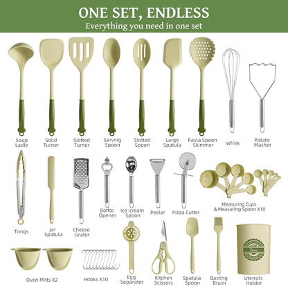 Kikcoin 43Pcs Large Kitchen Utensils Set - Silicone Cooking Utensils Set, Dishwasher Safe Spatula Set for Non-stick Cookware, 446°F Heat Resistant Kitchen Utensils Set with Holder BPA Free, Grey