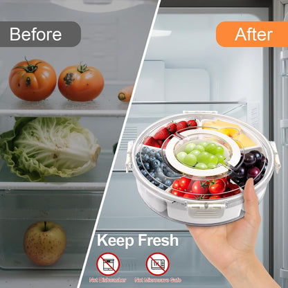 Snackle Box Container, 360° Rotating Divided Serving Tray with Lid and Handle, Portable Snackle Box Veggie Tray, Round Snack Box Container, Large Snacklebox Fruit Candy Organizer for Party Picnic