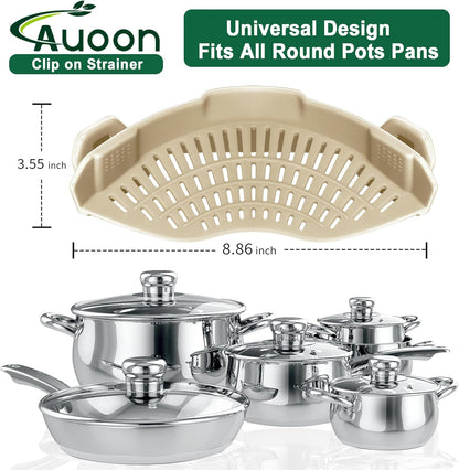 AUOON Clip On Strainer Silicone for All Pots and Pans, Pasta Strainer Clip on Food Strainer for Meat Vegetables Fruit Silicone Kitchen Colander