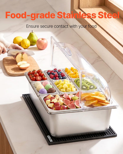 VEVOR Chilled Condiment Server Caddy, 5 Compartment Ice Cooled Serving Container, Plastic Fruit Garnish Tray Platter with Lid, for Taco Salad Bar Accessories, Party Home Restaurant Supplies