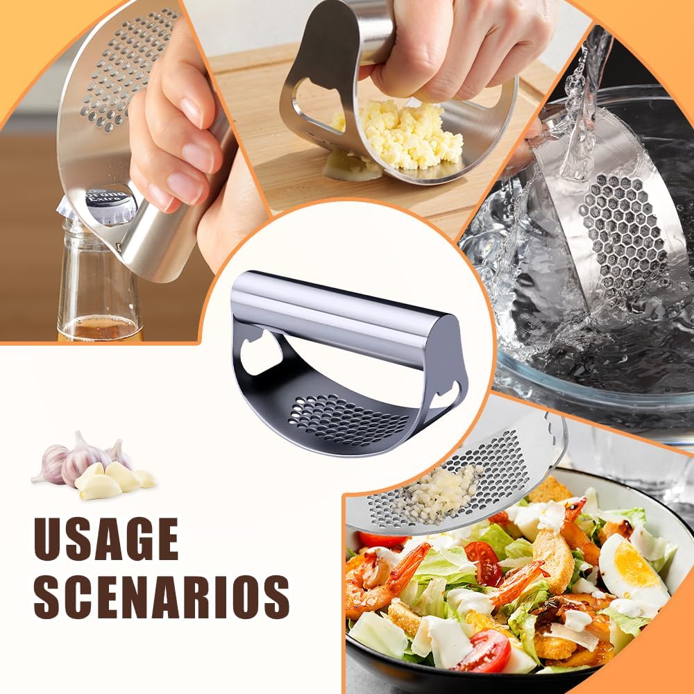 Garlic Press Rocker - 2024 NEW Stainless Steel Garlic Mincer Garlic Crusher with Peeler, New Innovative Garlic Chopper with Peeler and Scraper for Smash Garlic (Black)
