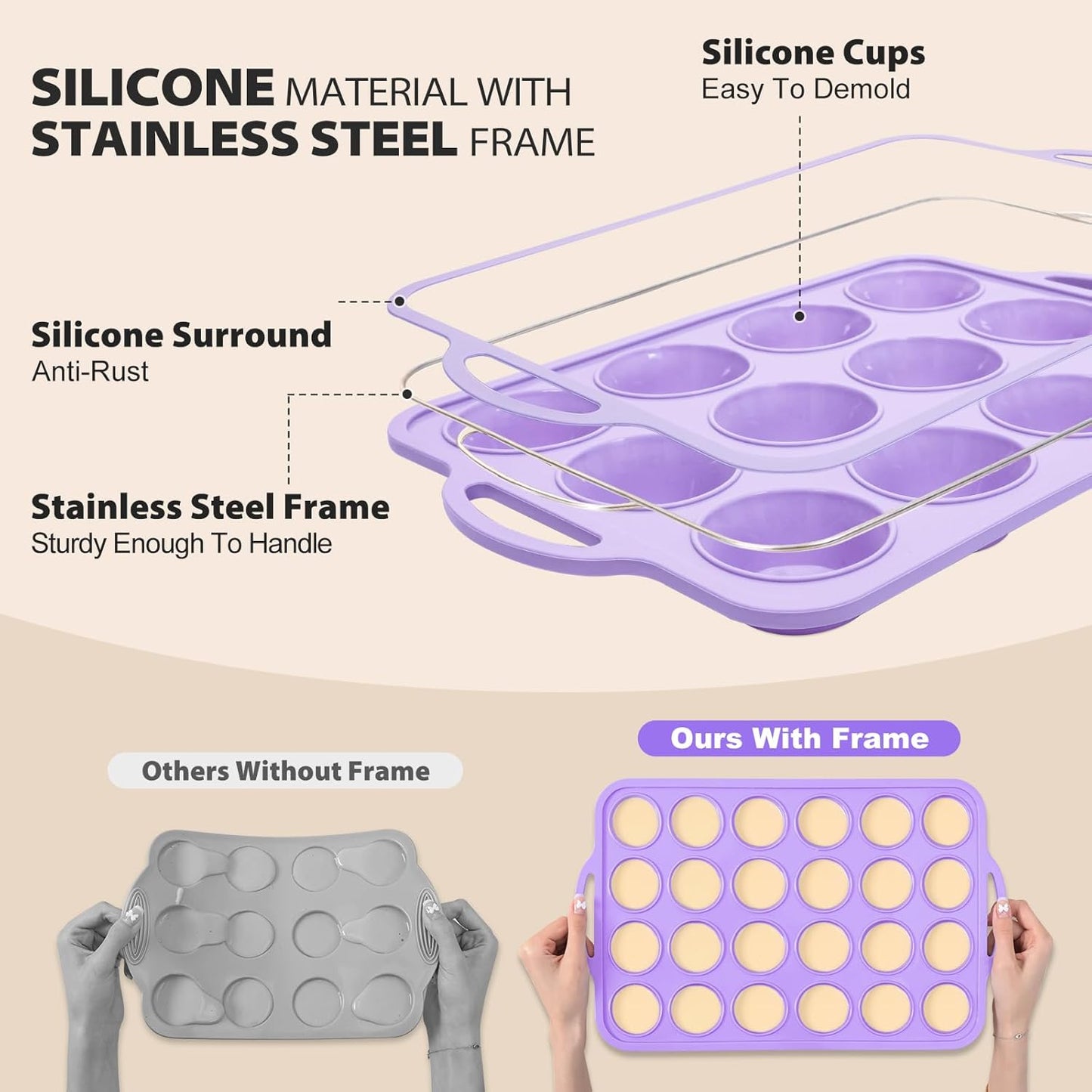 2 Pack Silicone Muffin Pan 12 and 24 Cup with Metal Frame,Non Stick Silicone Mini Cupcake Pan with Handles, BPA Free Silicon Regular Muffin Tin Tray Small for baking, egg bites, Mold Grey