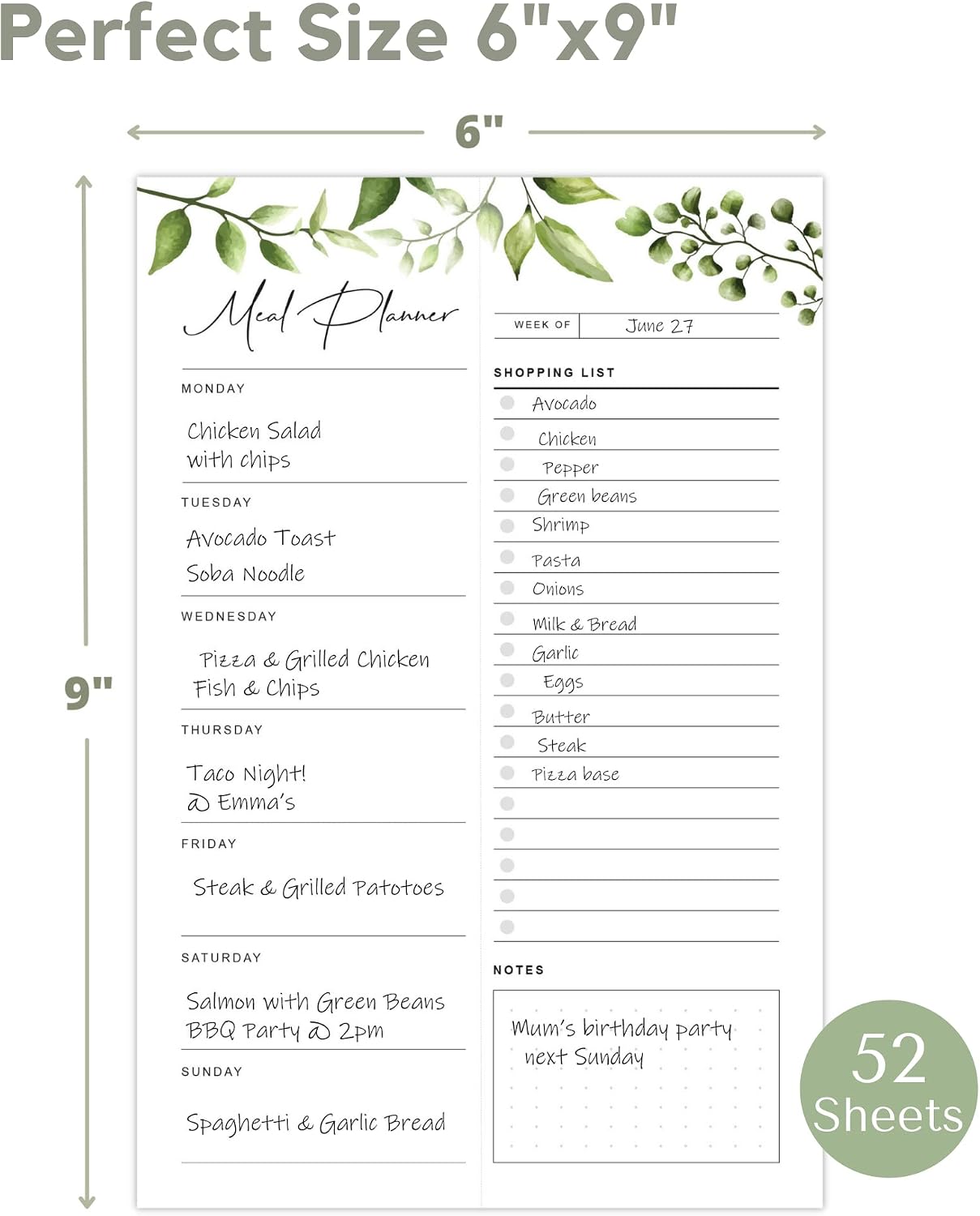 Magnetic Meal Planning Pad for Fridge 52 Undated Tear-off Sheets, 6x9 Inch Meal Planning Notepad for Meal Planner & Grocery List with Magnet, Weekly Meal Planner with Tear Off Shopping List