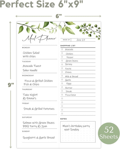 Magnetic Meal Planning Pad for Fridge 52 Undated Tear-off Sheets, 6x9 Inch Meal Planning Notepad for Meal Planner & Grocery List with Magnet, Weekly Meal Planner with Tear Off Shopping List
