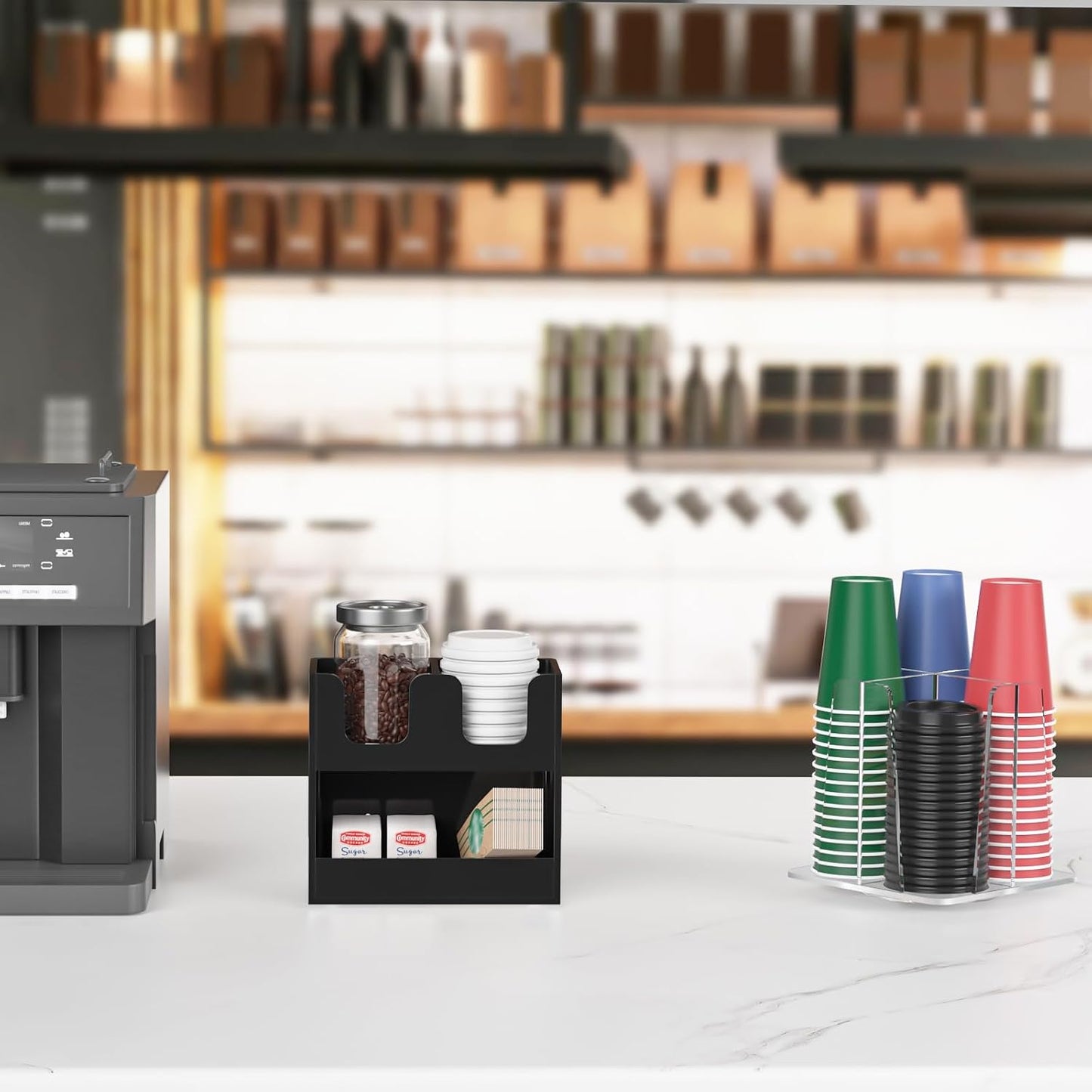 Disposable Coffee Cup Dispenser with Handles, 2-Tier 4 Compartments Clear Acrylic Paper Cup and Lid Storage Organizer for Coffee Bar Kitchen Accessories Restaurant Breakroom Party Supplies