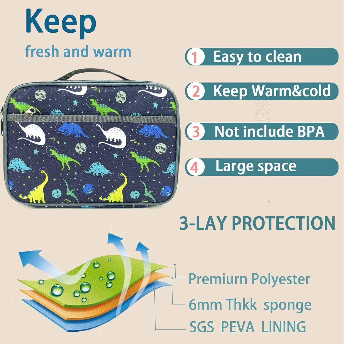 Kulle Space Lunch Box for Kids, Insulated Lunch Bag for Boys, Large Capacity Thermal Tote for School, Office, Daycare - Rocket Design, Washable & Leakproof