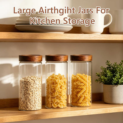 KEYWING 88oz Large Glass Jars with Airtight Acacia Wood Lids, Set of 3 Food Storage Containers for Flour, Sugar, Rice, Pasta, Cereal, Cookies – Includes 126 Labels