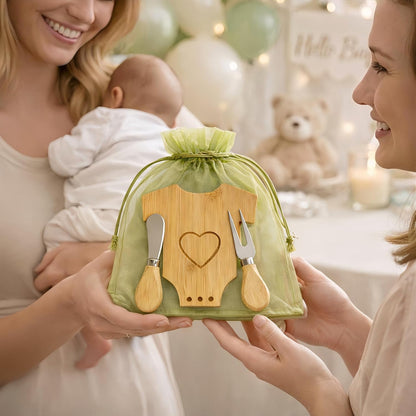6 Sets Mini Wooden Cheese Board, Baby Shower Favors for Guests, Baby Shower Prizes for Game Winners, Baby Bodysuit-Shaped Bamboo Charcuterie Board Gift Set with Spreader Knife, Fork & Organza Bag