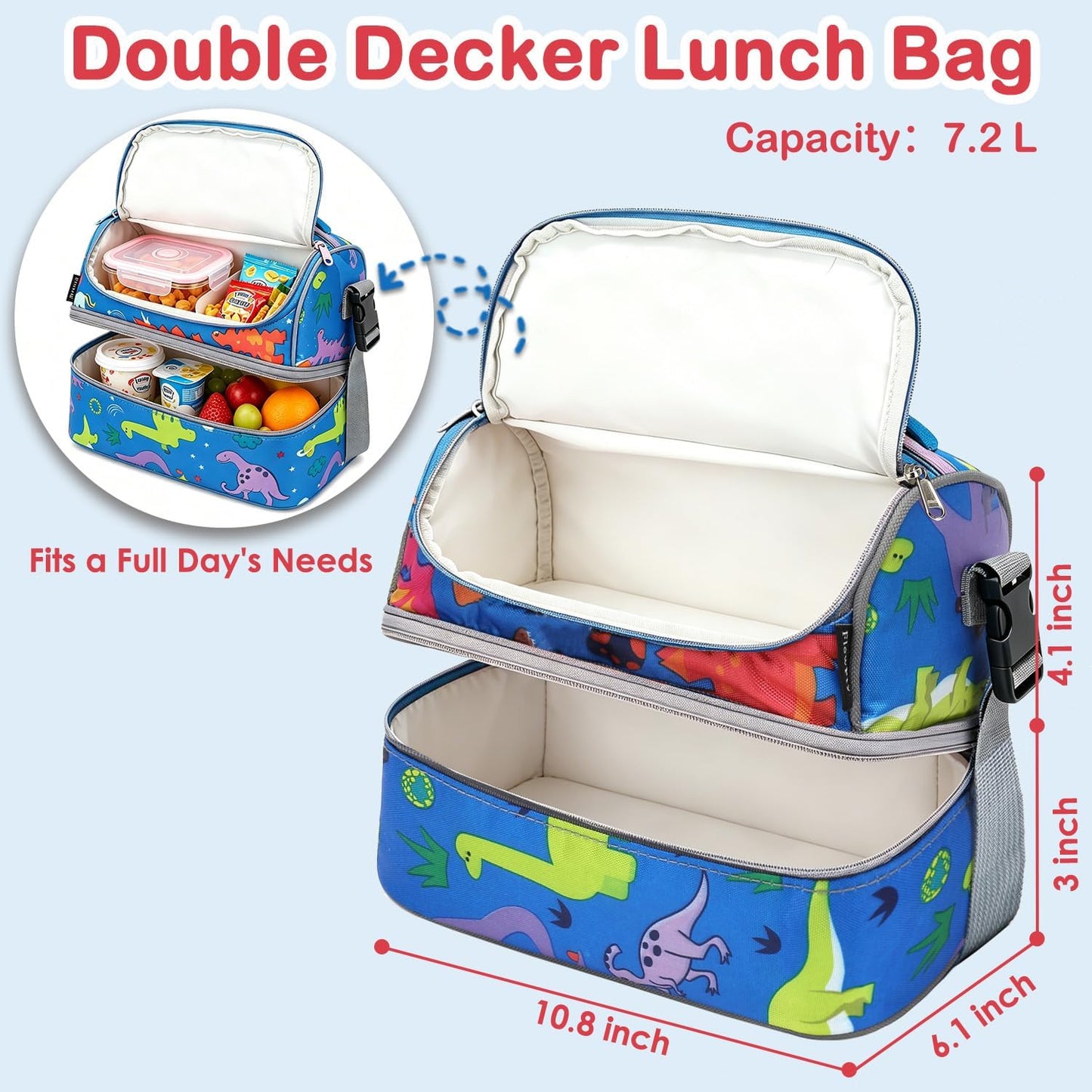 FlowFly Kids Double Decker Cooler Insulated Lunch Bag Large Tote for Boys, Girls, Men, Women, With Adjustable Strap, Unicorn