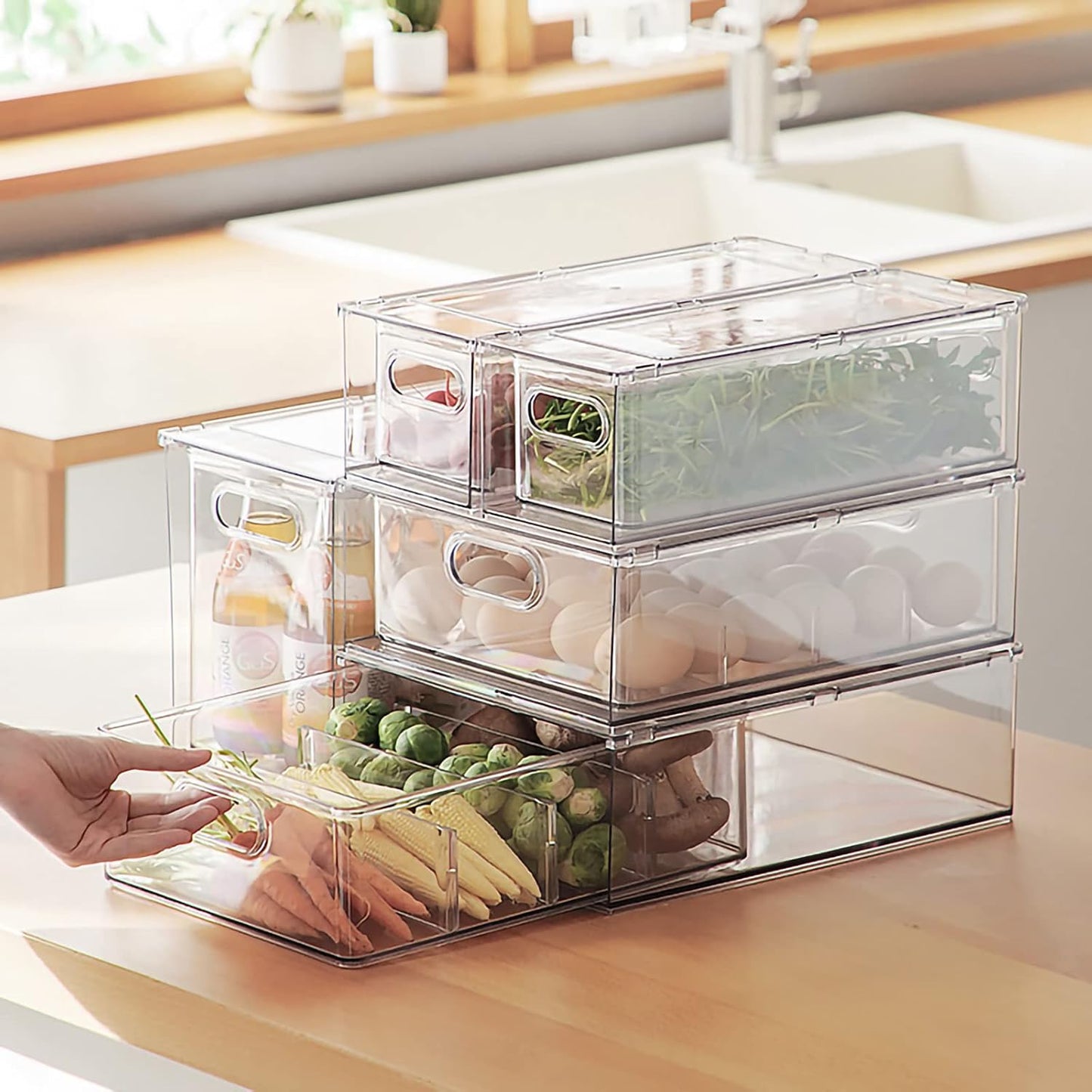 3Pack Fridge Organizer Drawer Divider Cube Pull-Out Bins Clear Food Container Refrigerator Storage box Produce Saver for Pantry Kitchen Cabinet