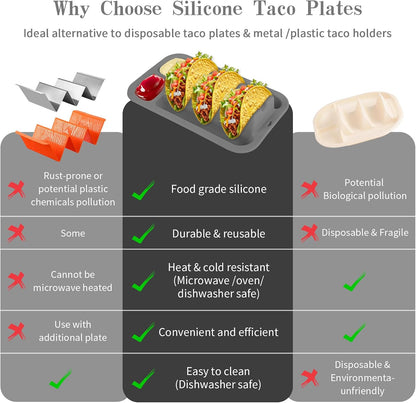 Klyrnd Silicone Taco Holder Set of 2, Reusable Taco Plate with Dividers for Hard & Soft Shells - Microwave & Dishwasher Safe Serving Stand (Grey Beige)