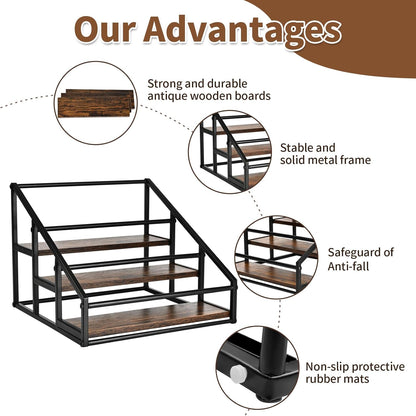 YQBRAO Coffee Syrup Rack Organizer,Liquor Bottle Display Shelf,2-Tier 4 Bottle Stand for Coffee Bar, Kitchen Station, Liquor, Wine, Dressing,Rustic Brown