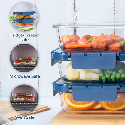 Glass Food Storage Containers 10 Pack, Meal Prep Containers with Snap Locking Lids Airtight Built in Air Vents, Glass Lunch Containers, Microwave/Dishwasher Safe, Navy Blue