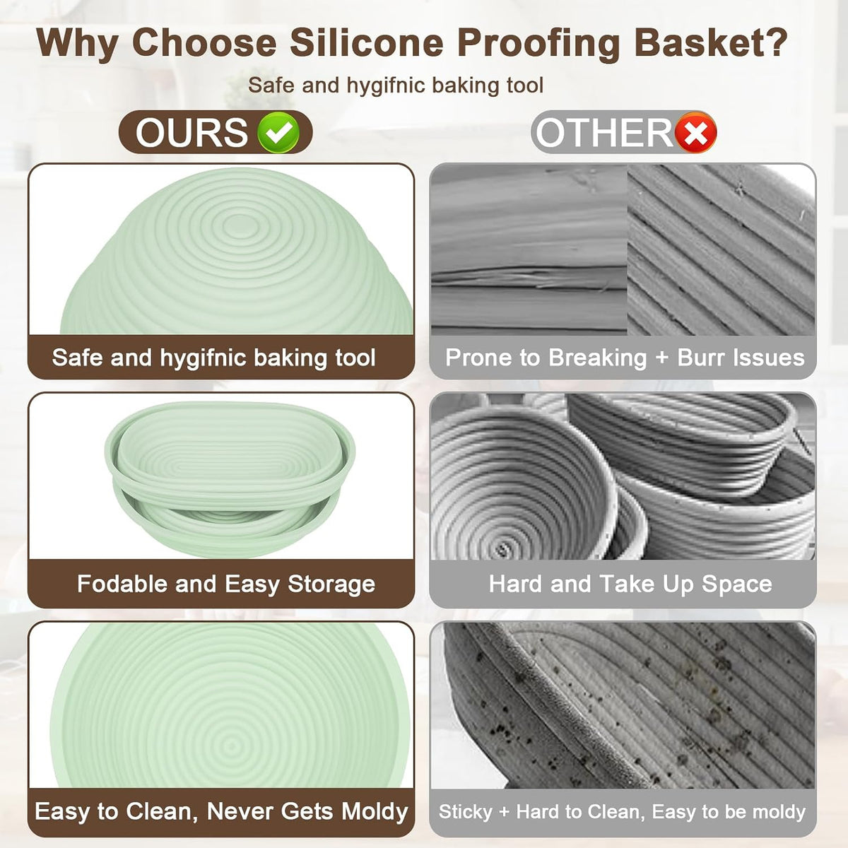 JOCXSPI Upgraded Thickened Silicone Banneton Proofing Baskets with Lids