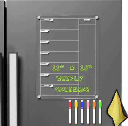 Acrylic Magnetic Dry Erase Calendar for Fridge Clear 37 * 27cm Vertical Weekly Meal Planner Menu Erasable Whiteboard Planning Board White 15" x 11" in/ 6 Color Wet Erase Marker