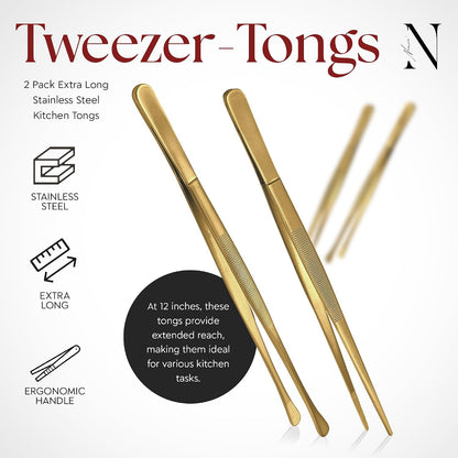 Namre' Tweezer Tongs for Cooking -Plating Tweezers - 2 Pack Stainless Steel Cooking Tongs - Thin Chopstick Tongs (Silver)