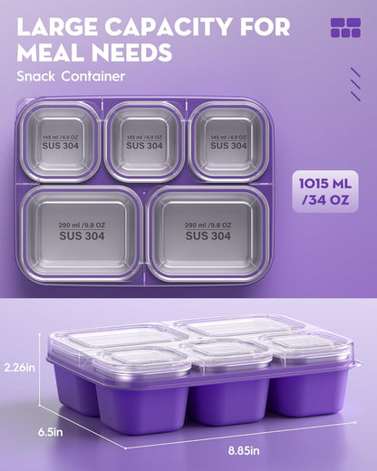 BiuLeon Snackle Box Containers, Stainless Steel 5 Compartments Divided Serving Tray with Lid, Removable LeakProof Portable Bento Box for Fruit Candy Nuts Food - School, Picnic and Travel（Blue）