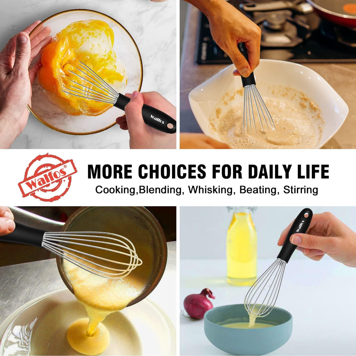 Walfos Silicone Whisk,Stainless Steel Wire Whisk -Heat Resistant 480°F Kitchen Whisks for Non-stick Cookware,Balloon Egg Beater Perfect for Blending,Whisking,Beating,Frothing & Stirring,Black
