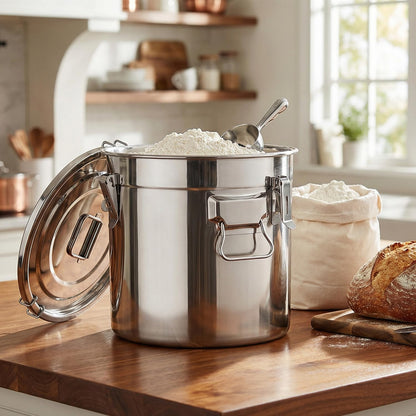 QWORK 5.5 Gallon 304 Stainless Steel Airtight Container, 21L 710oz Metal Storage Bin with Locking Lid & Side Handles, Heavy Duty Canister for Pet Food, Rice, Flour