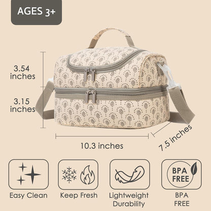 Insulated Kids Dual Compartment Lunch Bags Tote Pack for Girls Boys Toddler Kindergarten School Picnic Cooler Thermal Lunch Boxes with Strap (Green Rainbow)