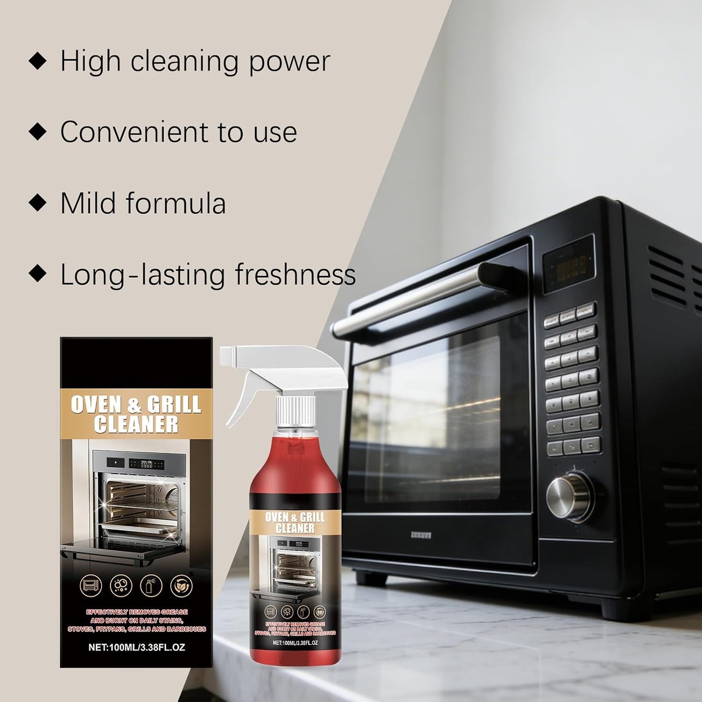 Oven Cleaner Spray Heavy Duty, Deep Cleaning Formula for Kitchen Appliances, Cleans and Degreases BBQ Cooking Grates and Racks, and Grill Cleaner for Microwave, Air fryer, Ovens, Grills, 100ML