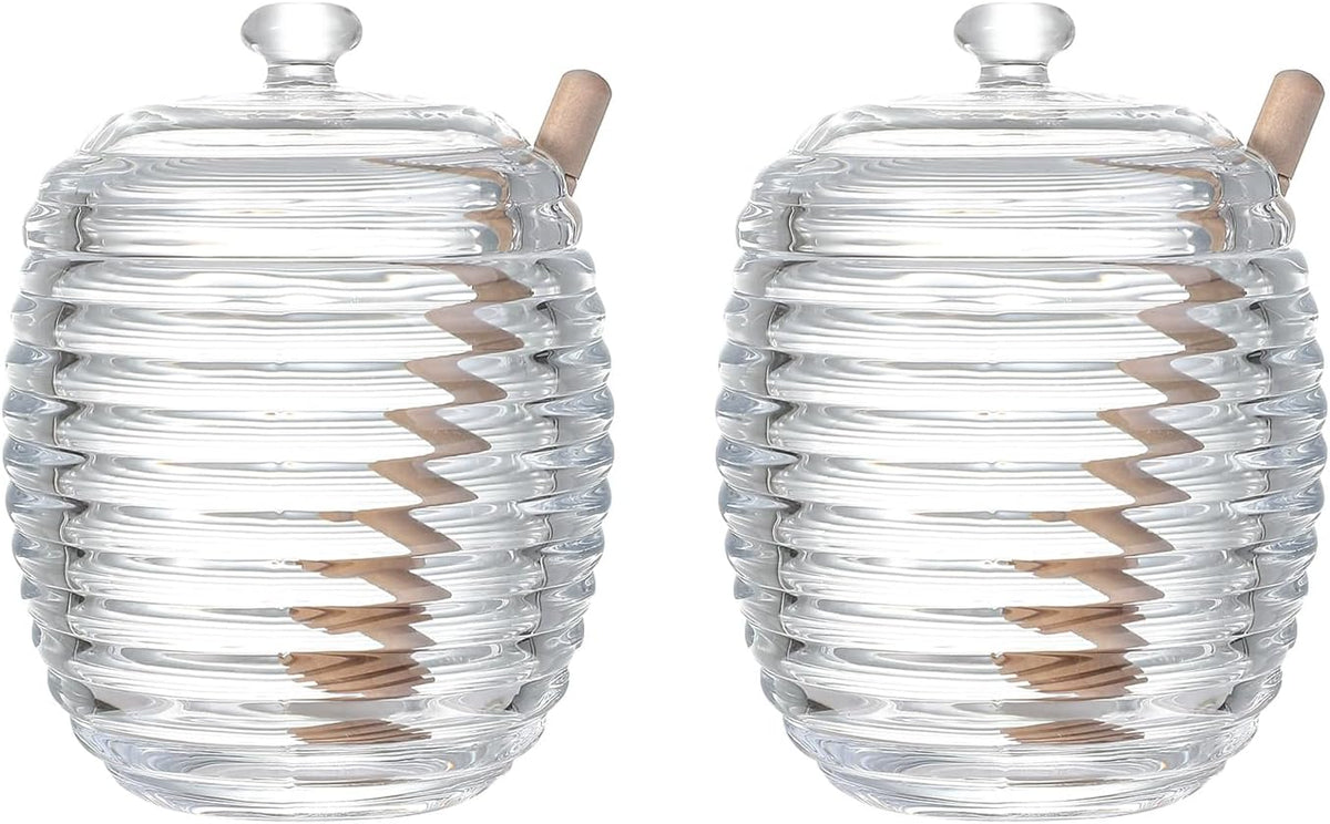 Honey Jars,9 oz Clear Glass Honey Pot Set with Dipper and Lid - Glass Honey Dispenser,Syrup Jar,Containers for Kitchen - Honeypot with Dipper Sticks - Honey Containers (Hexagon)