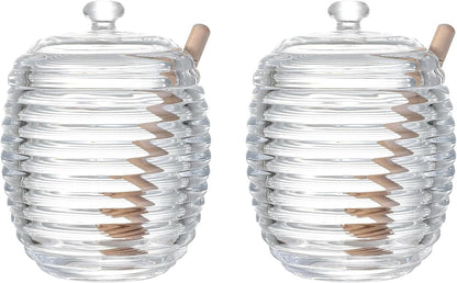 Honey Jars,9 oz Clear Glass Honey Pot Set with Dipper and Lid - Glass Honey Dispenser,Syrup Jar,Containers for Kitchen - Honeypot with Dipper Sticks - Honey Containers (Hexagon)
