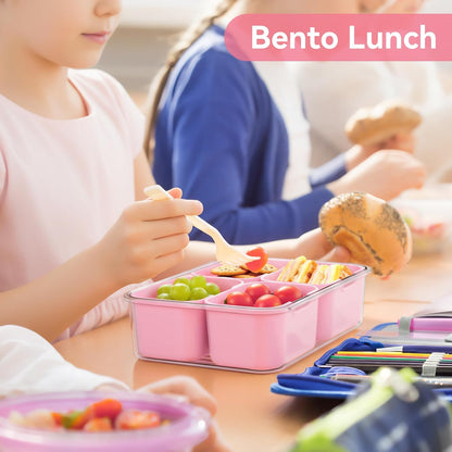 Small Snack Box Containers for Adults Men Women with 4 Compartments,Reusable Bento Box Adult Food Trays for Fruit,Charcuterie,Pink Lunch Box Divided Serving Tray with Lid and Handle for Work Travel