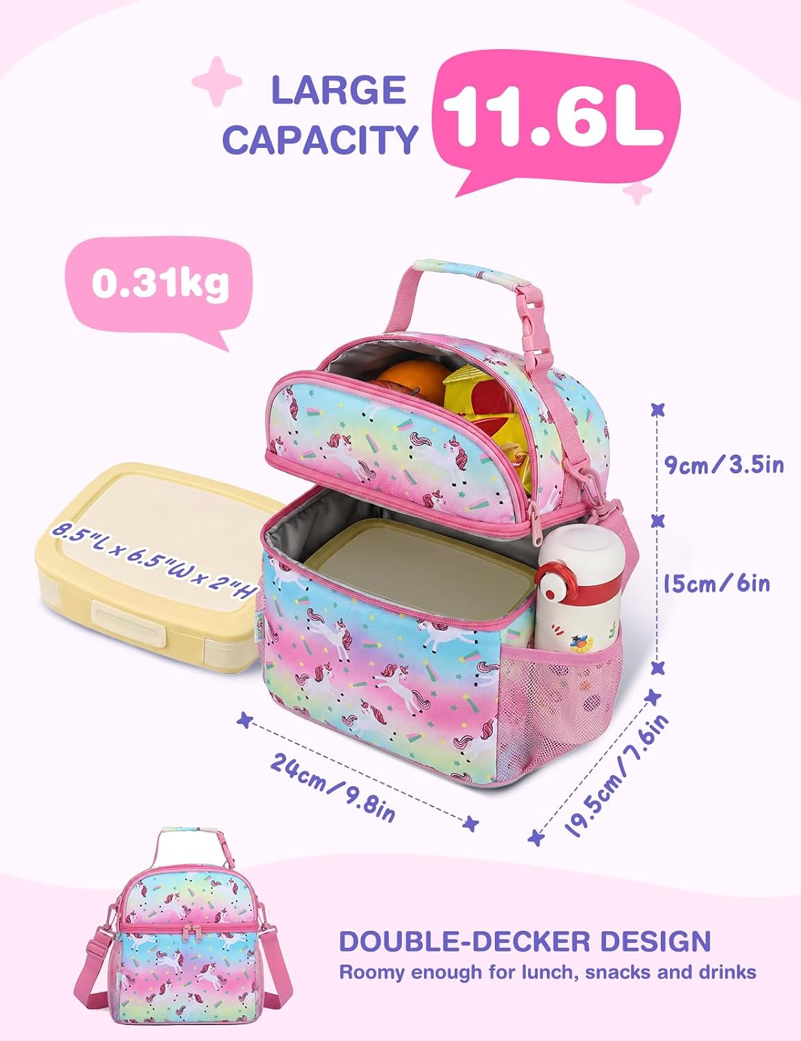 VASCHY Lunch Box Bag for Kids, Insulated Double Compartments Cooler Lunch Tote for Toddlers Boys Girls School/Daycare/Picnic Black Dinos