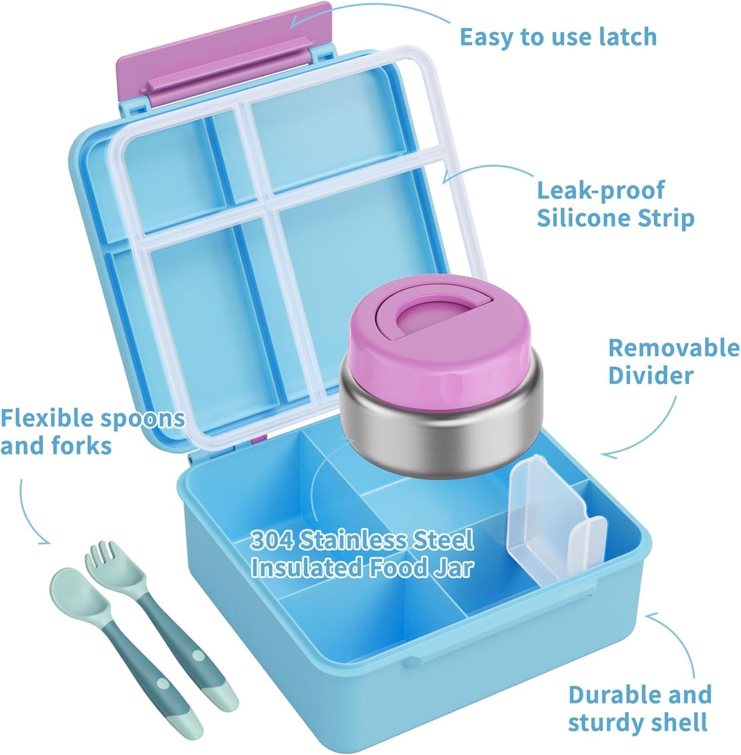 Bento Box for Kids with Thermo Food Container (9oz), 4-Compartment Lunch Box, Adjustable Divider, Leakproof Bento Lunch Box, Includes Utensils & Carry Bag for School, Office(Blue)