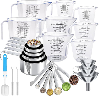 Measuring Cups and Spoons Set 21 Piece, 11 Stainless Steel Nesting Measuring Spoons and Cups with 3 Plastic Measuring Cup, 3 Funnel, 3 Brush, 1 Ruler, Measuring Cup Set for Kitchen Baking Liquid Dry