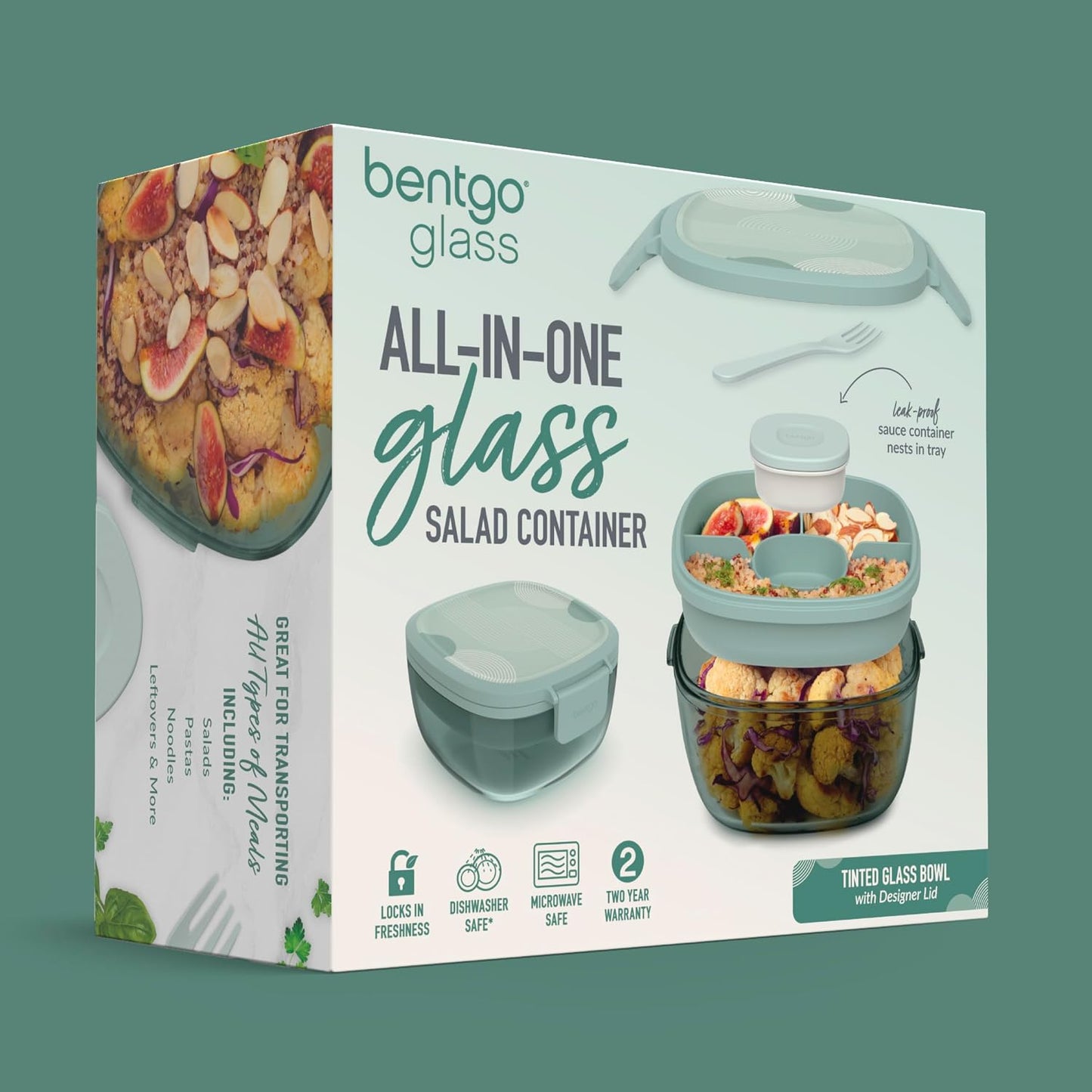 Bentgo Glass Salad Container - 7.6-Cup Salad Bowl with Airtight Lid, Leak-Proof Sauce Container, 4-Compartment Bento Tray & Reusable Fork - BPA-Free for Meal Prep, Office & More (Light Blue)