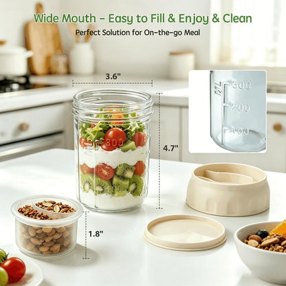 Overnight Oats Containers with Lids and Spoons - 4 Pack 16 oz Glass Mason Jars with Separate Compartments Airtight Overnight Oat Jars Leakproof Yogurt Parfait Cup for Oatmeal Chia Pudding Cereal Salad