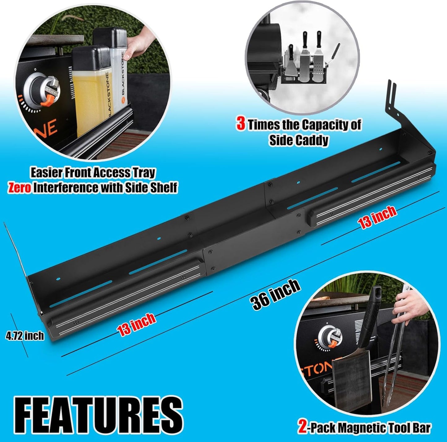 Front Griddle Caddy with 2-Pack Magnetic Tool Holders for Blackstone 36 inch Griddle, Large Capacity Front Tool/ Bottle Shelf for Easy Access, Grill Caddy for Blackstone Griddle Accessories 36 inches