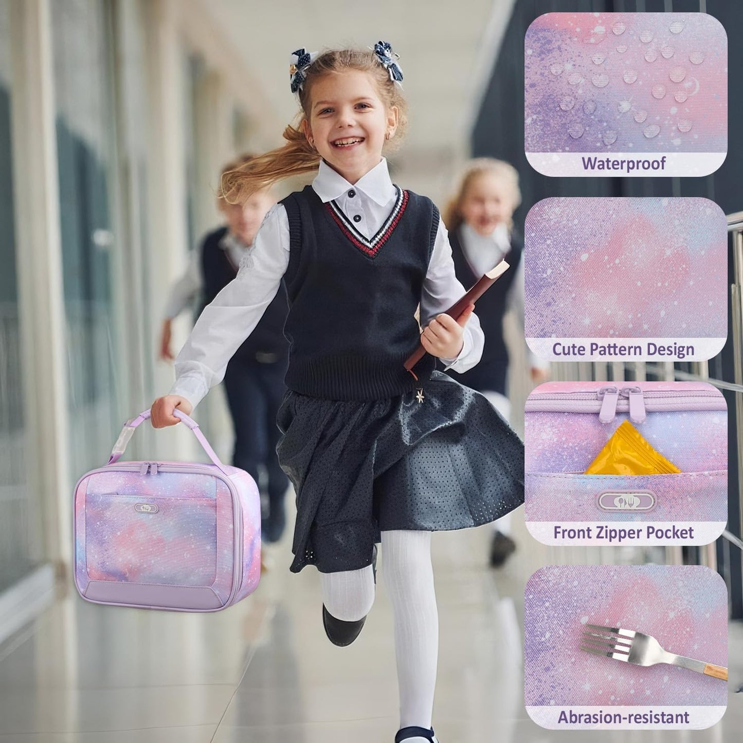 Lunch Box Kids Insulated Lunch Bag for Boys Girls Cute Reusable Lunch Tote Bag Waterproof Portable Thermal Lunch Box Kids for School Picnic Travel Black
