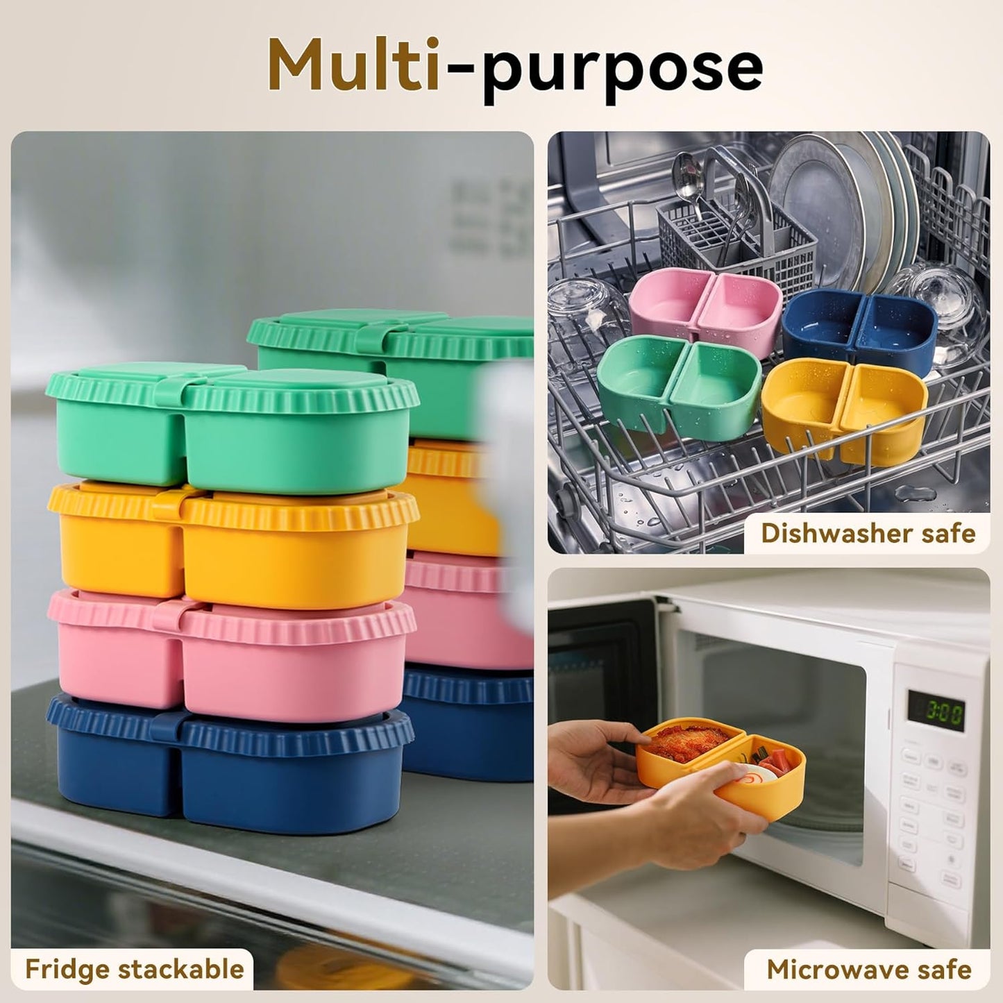 Silicone Reusable Snack Containers with Lids, 4 Pack 3 Compartment Bento Snack Boxes, Leakproof Food Storage Containers for Meal Prep, Lunch, Fruits, Kids & Adults, Dishwasher Safe