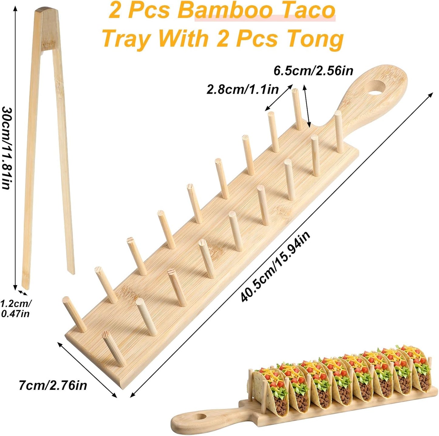 4 PCS Bamboo Taco Holder Set of Bamboo Taco Tray Tacos Tray with Tong Stand Holder Holds 8 Shells Each for Hard & Soft Shells Tacos Kitchen Serving Rack for Parties & Home