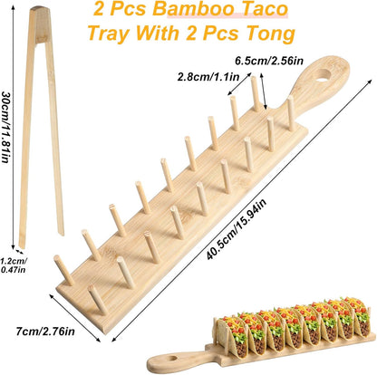 4 PCS Bamboo Taco Holder Set of Bamboo Taco Tray Tacos Tray with Tong Stand Holder Holds 8 Shells Each for Hard & Soft Shells Tacos Kitchen Serving Rack for Parties & Home