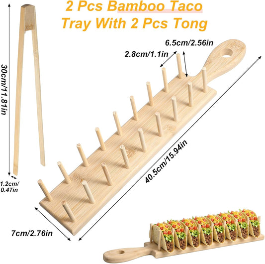 4 PCS Bamboo Taco Holder Set of Bamboo Taco Tray Tacos Tray with Tong Stand Holder Holds 8 Shells Each for Hard & Soft Shells Tacos Kitchen Serving Rack for Parties & Home