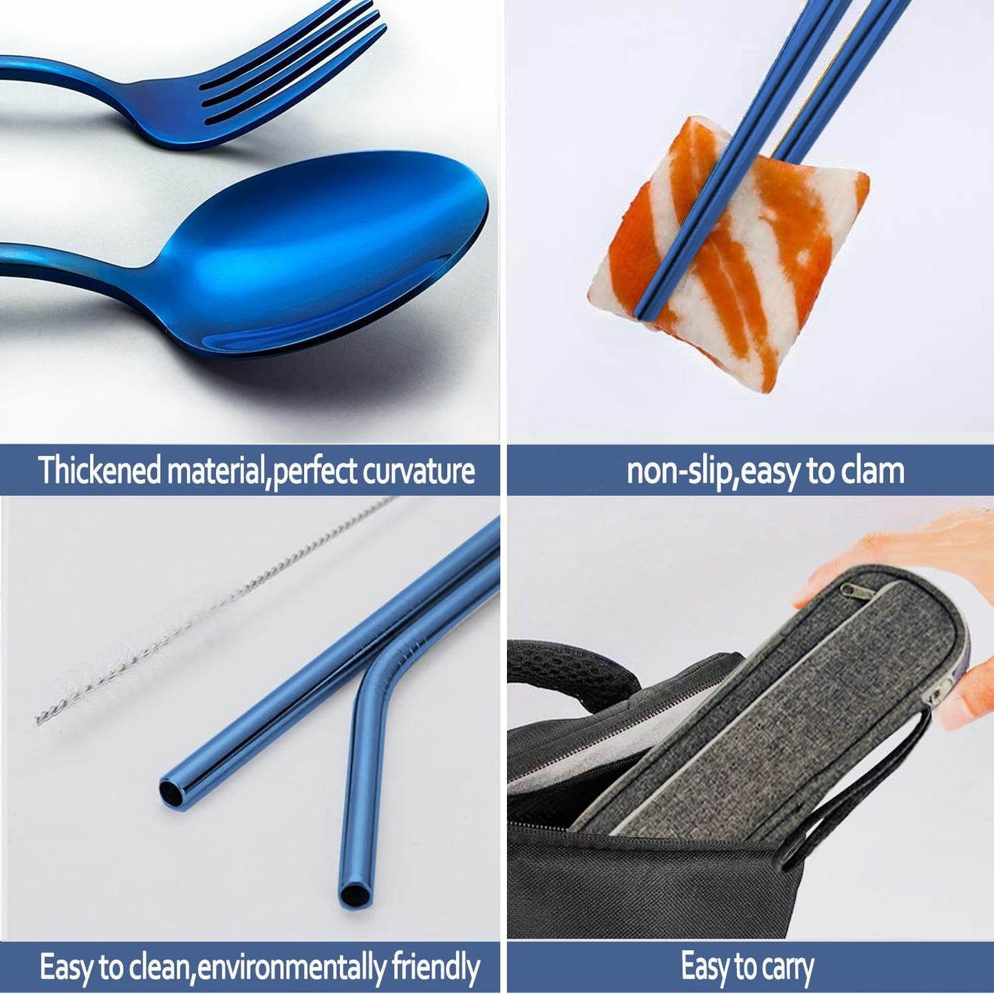 Portable Reusable Travel Utensils Silverware With Case, Camping Cutlery Set, Chopsticks and Straw, Flatware With Case, Stainless Steel Top (Silver)