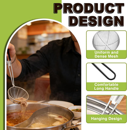 6 Pieces Stainless Steel Spider Strainer Skimmer, 4 Inch Hot Pot Kit Strainer Scoops with Long Handle, Asian Skimmer Spoon Ladle for Boba Pearls, Pasta, Meatball, Cooking & Frying Food