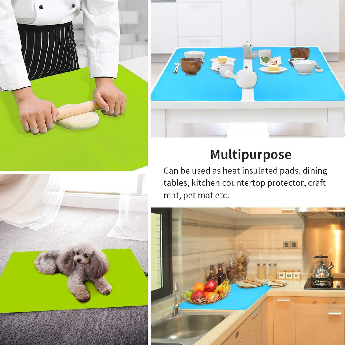 Extra Large Dark Green Countertop Mat - Silicone Table Kitchen Desk Mat - Non-Slip & Heat Resistant - Dinner Placemat Pastry Dough Rolling Mat - Colors A