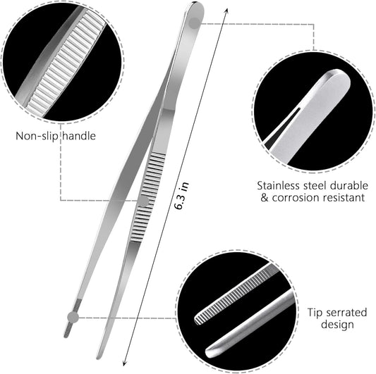 6.3 Inch Food Tweezers Stainless Steel with Precision Serrated Tips, 5PCS Kitchen Tweezers Set for Cooking, Baking, Cookie Cake Decoration, Metal Plating Tweezers