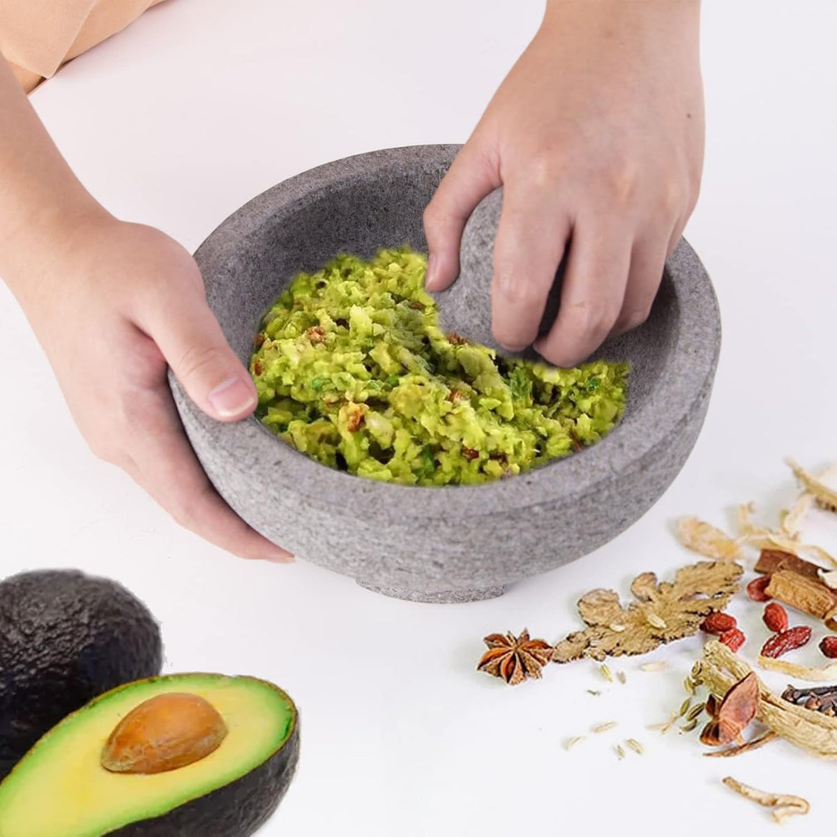 Luvan Large Mortar and Pestle Set,4 Cups Unpolished Granite Natural Stone Grinder Bowl for Molcajete Guacamole Bowl Crushing/Mexicano Guacamole,Spices Grinder,Herb Crusher,Salsa Pesto-8IN/Gray