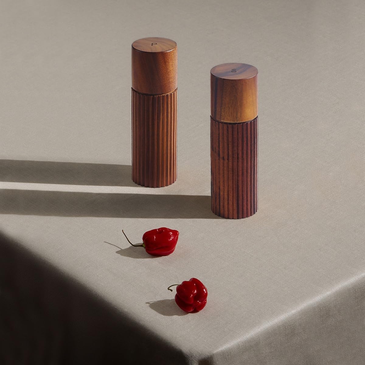 Acacia Wood Salt and Pepper Grinder Set with Matching Tray